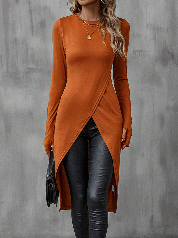 Solid Color Split-Joint High-Low Long Sleeves Round-Neck T-Shirts Tops