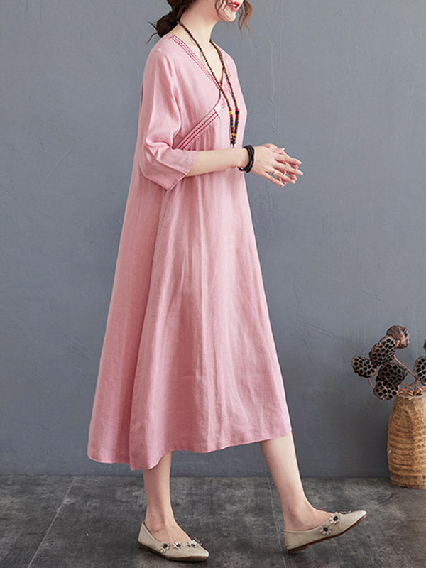 Cotton Blend V-Neck Embroidered Midi Dress