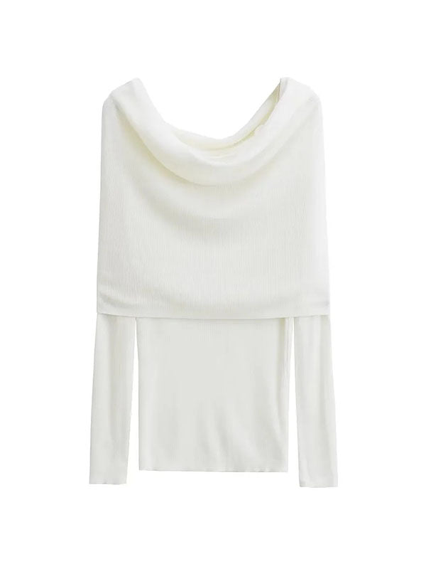 Pleated Solid Color Split-Joint Long Sleeves Skinny Off-the-shoulder Pullovers Knitwear