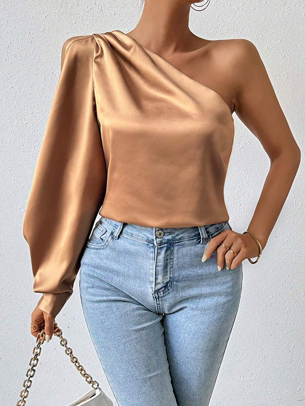 Hollow Pleated Solid Color Loose Puff Sleeves One-shoulder Blouses
