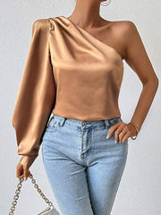 Hollow Pleated Solid Color Loose Puff Sleeves One-shoulder Blouses