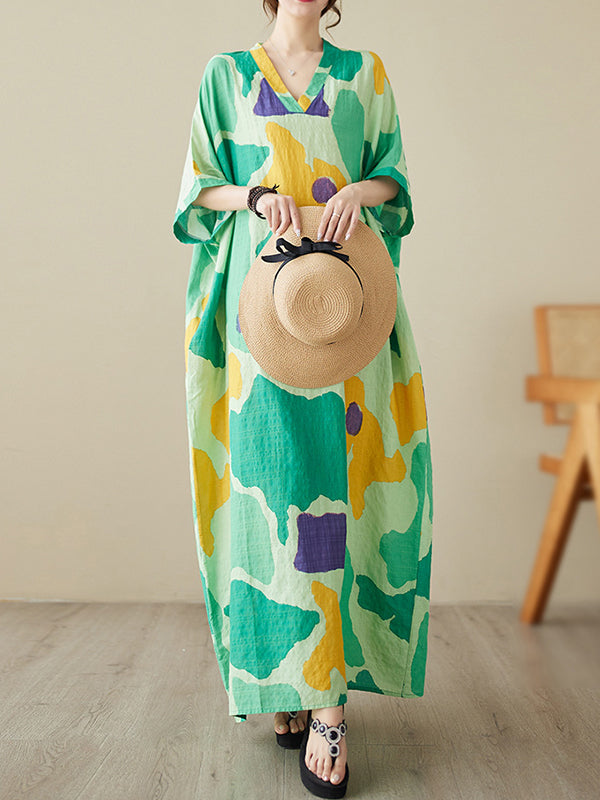 Color-Block Contrast Color Batwing Sleeves Loose Round-Neck Maxi Dresses