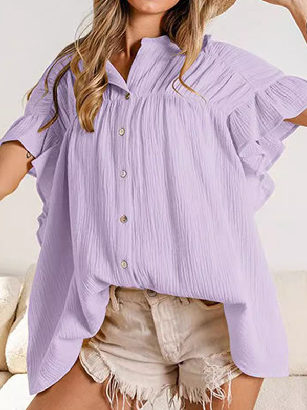 Pleated Split-Joint Batwing Sleeves Loose Round-Neck Blouses&Shirts Tops