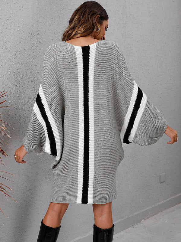 Original Loose 4 Colors Striped Round-Neck Batwing Long Sleeves Sweater Dress