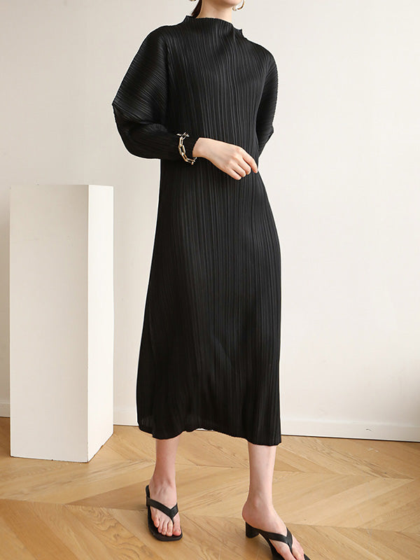 Original Creation Loose Long Sleeves Pleated Solid Color High-Neck Midi Dresses