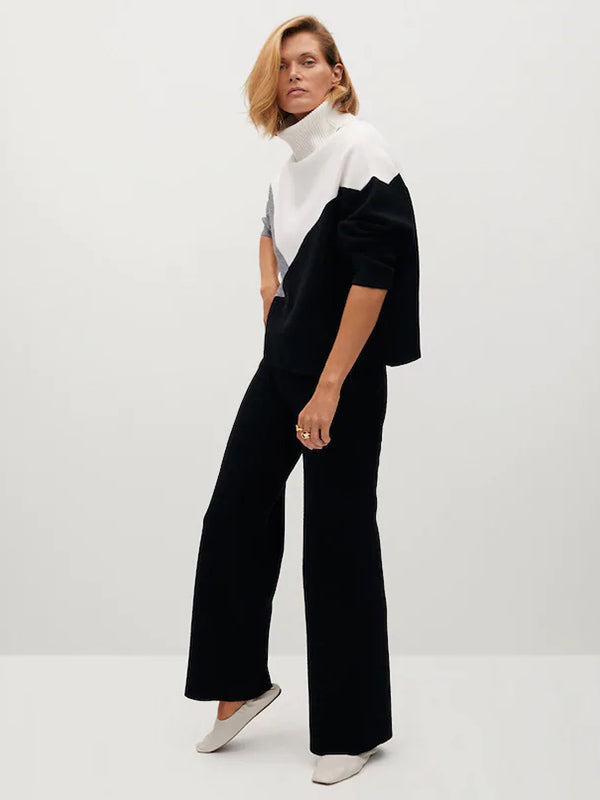 Original Loose Split-Joint Contrast Color High-Neck Long Sleeves Sweater Top