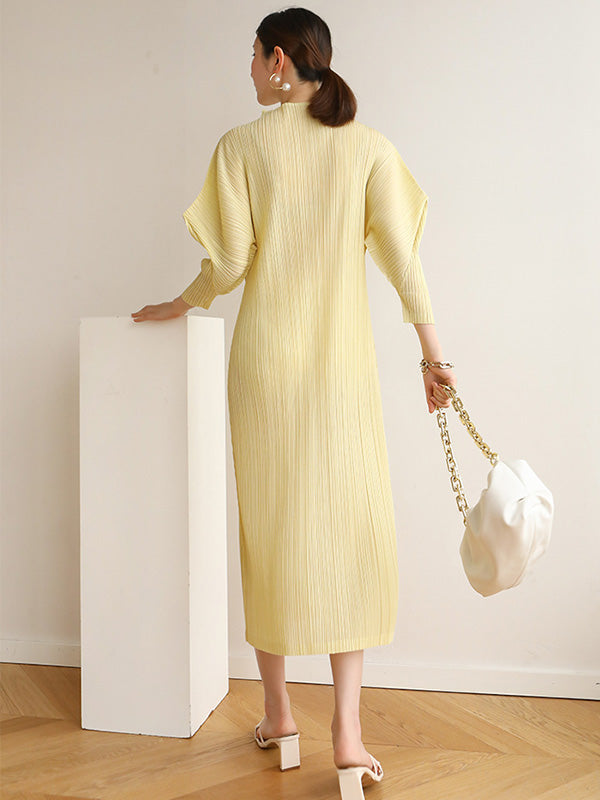 Original Creation Loose Long Sleeves Pleated Solid Color High-Neck Midi Dresses