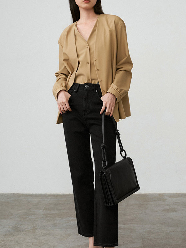 Buttoned Solid Color False Two Long Sleeves V-Neck Blouses&Shirts Tops
