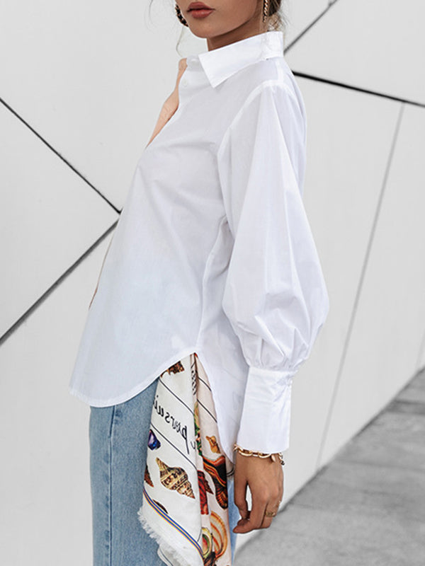 Buttoned Contrast Color Long Sleeves Loose Lapel Blouses&Shirts Tops