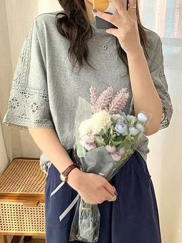 Hollow Solid Color Split-Joint Half Sleeves Loose Round-Neck T-Shirts