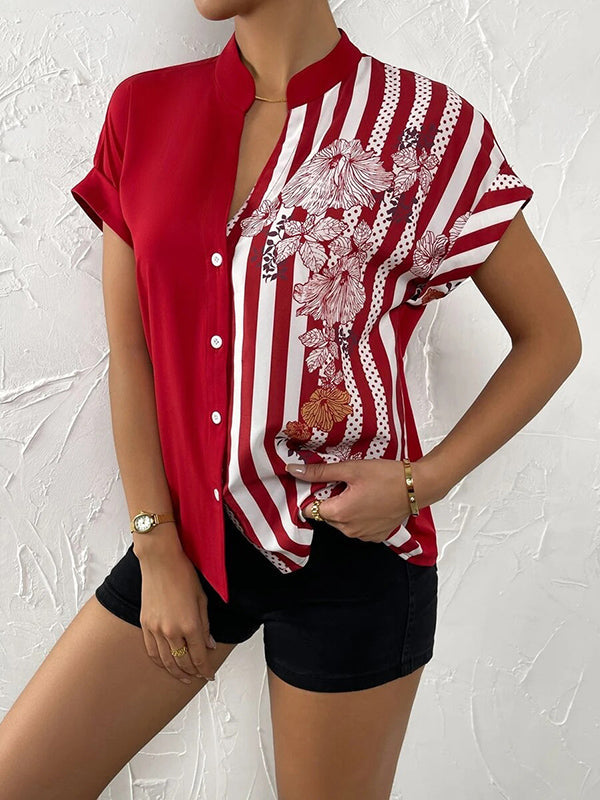 Buttoned Contrast Color Flower Print Striped Loose Short Sleeves V-Neck Blouses&Shirts Tops