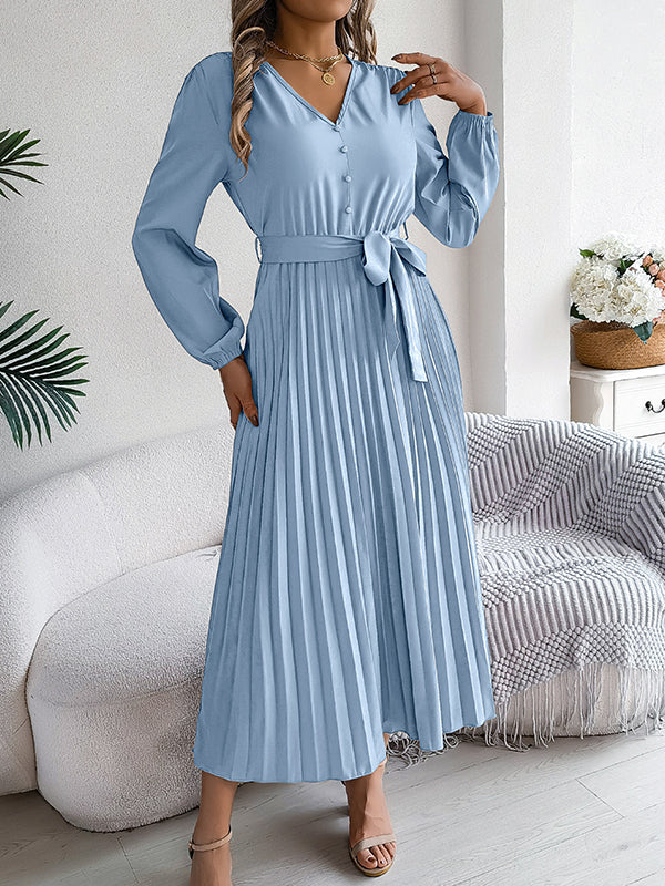 Belted Buttoned Pleated Solid Color High Waisted Long Sleeves V-Neck Maxi Dresses