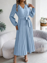 Belted Buttoned Pleated Solid Color High Waisted Long Sleeves V-Neck Maxi Dresses