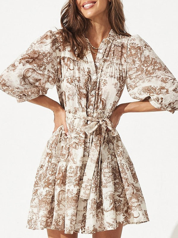 Pleated Printed Split-Joint Tied Waist Loose Puff Sleeves Lapel Shirt Dress Mini Dresses
