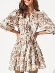 Pleated Printed Split-Joint Tied Waist Loose Puff Sleeves Lapel Shirt Dress Mini Dresses