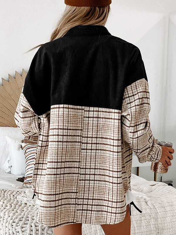 Buttoned Contrast Color Plaid Pockets Split-Joint Long Sleeves Loose Lapel Outerwear Jackets