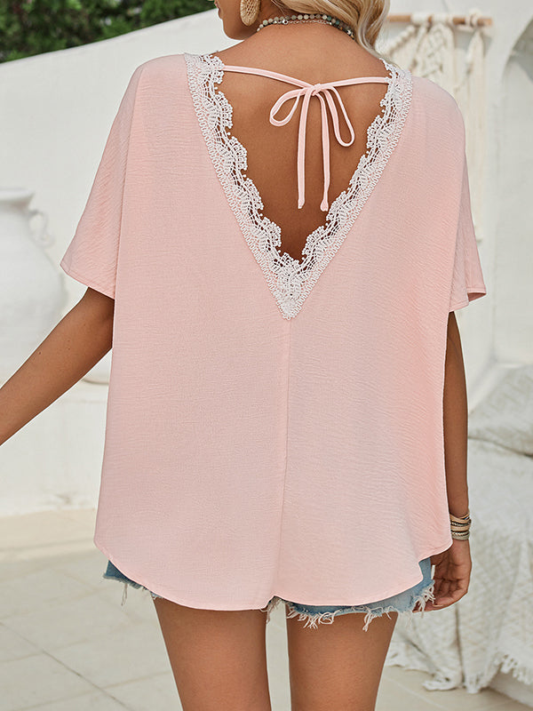 Backless Tied Half Sleeves High-Low Round-Neck T-Shirts Tops