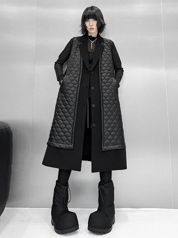 Buttoned Plaid Pockets Solid Color Split-Joint Loose Sleeveless Notched Collar Padded Vest Outerwear