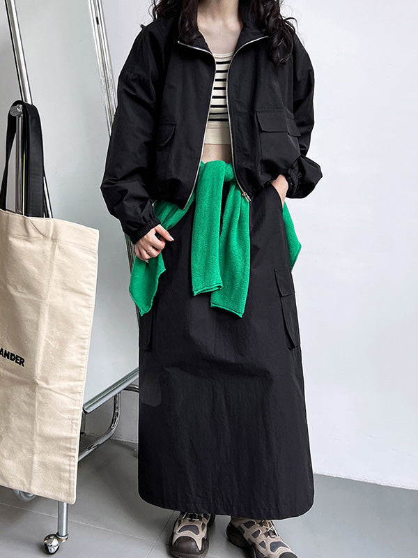 Solid Color Zipper Long Sleeves Loose Drawstring Elasticity Pockets Stand Collar Jacket Top + Split-Back Skirts Bottom Two Pieces Set