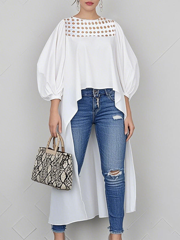 Hollow Pleated Solid Color High-Low Long Sleeves Round-Neck Blouses&Shirts Tops