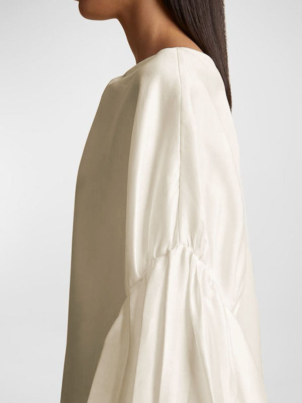 Elasticity Pleated Solid Color Split-Joint Long Sleeves Loose Round-neck Blouses&shirts Tops