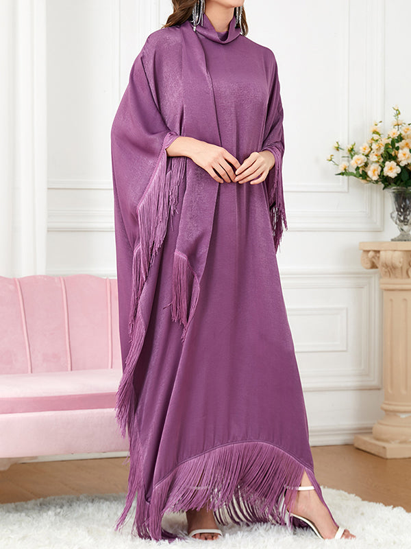 Ribbon Solid Color Tasseled A-Line Batwing Sleeves Maxi Dresses
