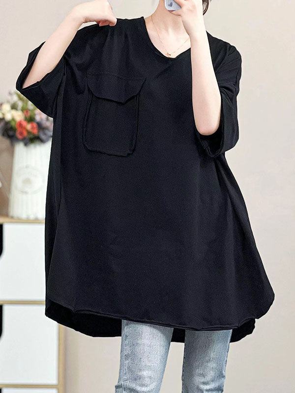 Pockets Solid Color Half Sleeves Irregular Clipping V-Neck T-Shirts Tops