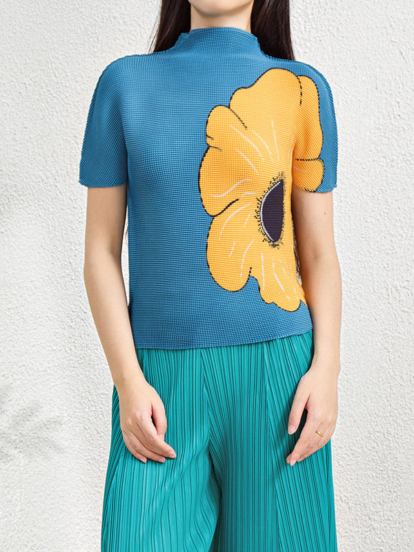 Flower Print Pleated Short Sleeves Mock Neck T-Shirts Tops