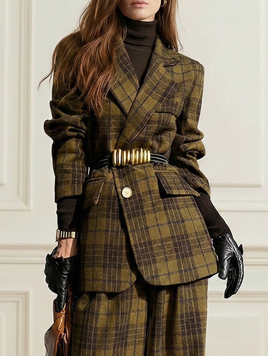 Plaid Split-Joint Lapel Woolen Coat Jackets