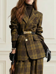 Plaid Split-Joint Lapel Woolen Coat Jackets