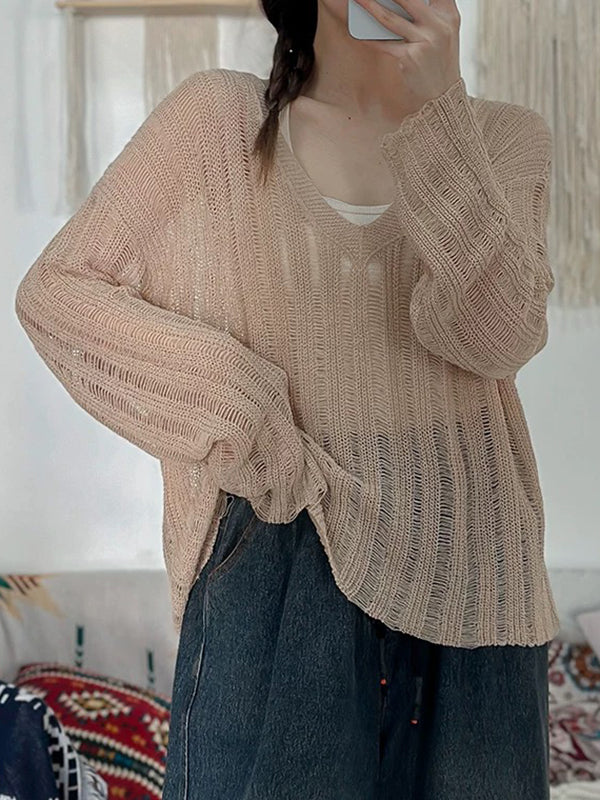 Hollow Solid Color Long Sleeves Loose V-Neck Pullovers