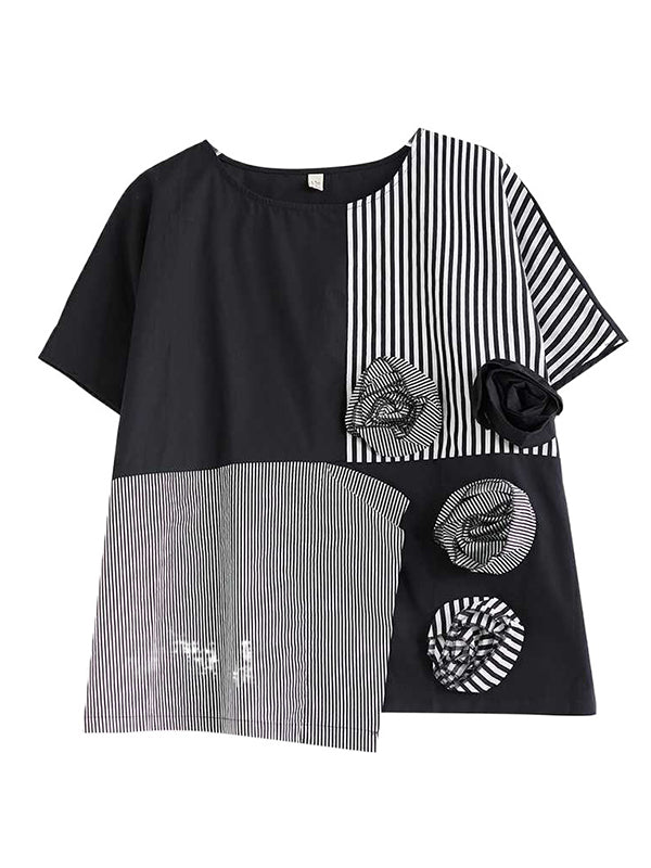 Asymmetric Split-Front Split-Joint Striped Three-Dimensional Flower Loose Short Sleeves Round-Neck T-Shirts Tops