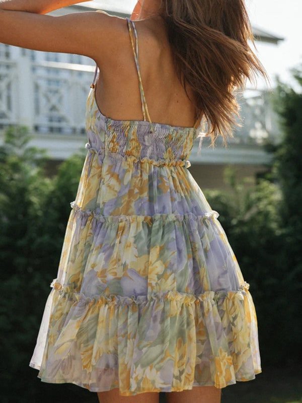 Flower Print Layered Pleated Split-Joint Tied A-Line Loose Spaghetti-Neck Mini Dresses