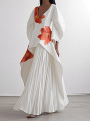 Flower Print Pleated A-line Loose V-neck Maxi Dresses
