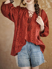 Hollow Pleated Solid Color Split-Joint Tied Long Sleeves Loose V-Neck Blouses&Shirts Tops