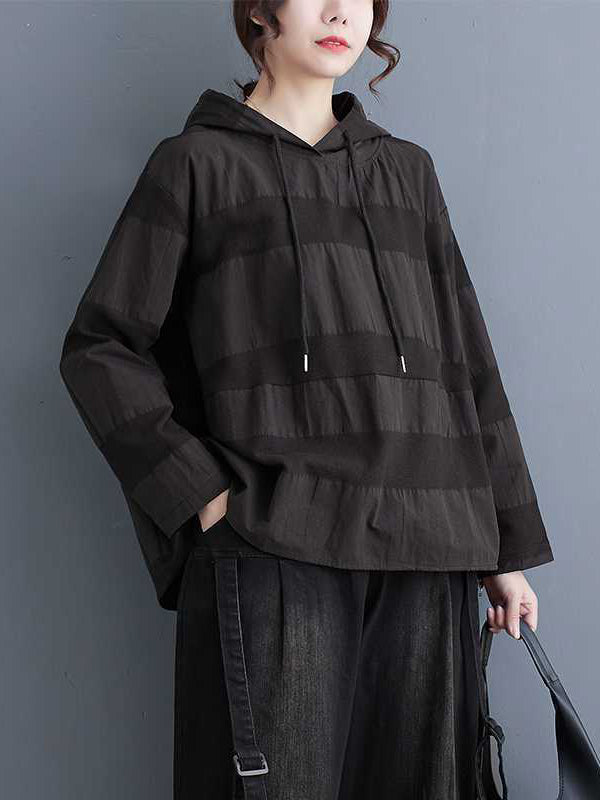 Drawstring Hooded Solid Color Split-Joint Long Sleeves Loose Round-Neck Hoodies Tops