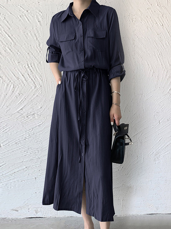 Casual A-Line Long Sleeves Bandage Solid Color Lapel Collar Shirt Midi Dresses