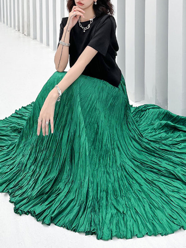 High-Waisted Pleated Solid Color A-Line Irregular Clipping Skirts