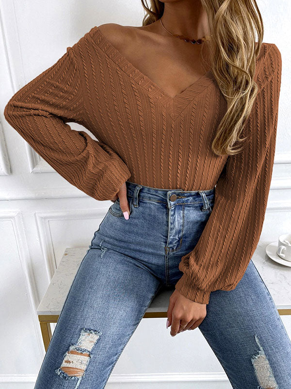 Solid Color Long Sleeves Puff Sleeves V-Neck T-Shirts Tops
