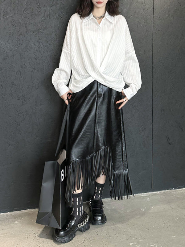 Buttoned Solid Color Long Sleeves Loose Lapel Blouses&Shirts Tops