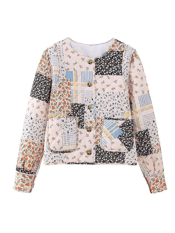 Buttoned Flower Print Pleated Pockets Quilted Split-Joint Long Sleeves Loose Round-Neck Padded Coat
