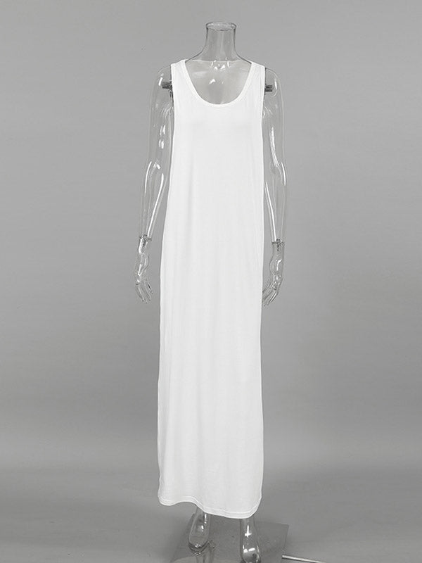 See-Through Solid Color See-through Split-Joint Loose Sleeveless U-Neck Maxi Dresses