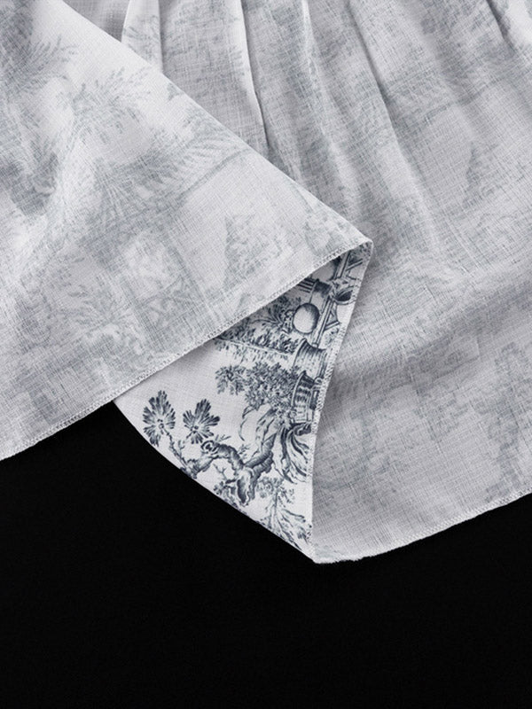 Pleated Printed Split-Joint Tied Waist Loose Puff Sleeves Stand Collar Mini Dresses