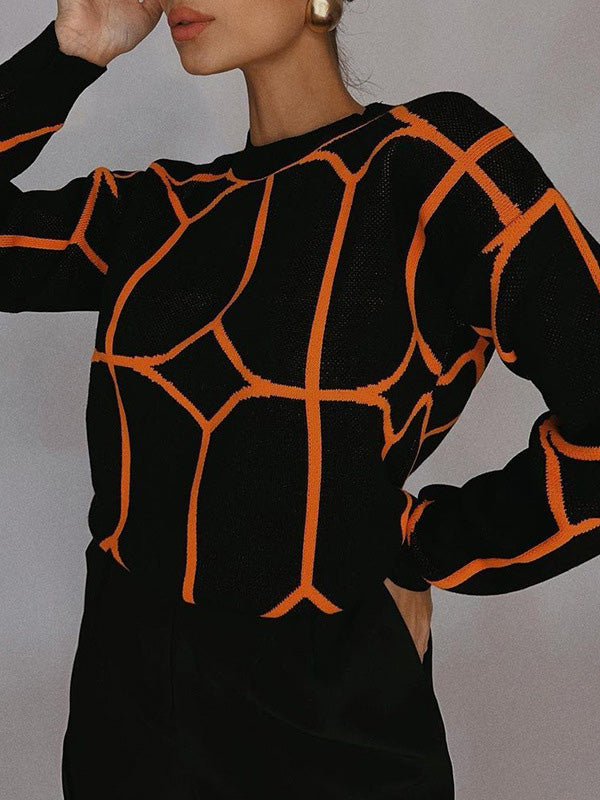 Geometric Long Sleeves Loose Round-Neck Sweater Tops Pullovers Knitwear