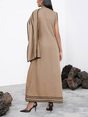Asymmetric Pockets Split-Joint A-Line Capelet Round-Neck Maxi Dresses