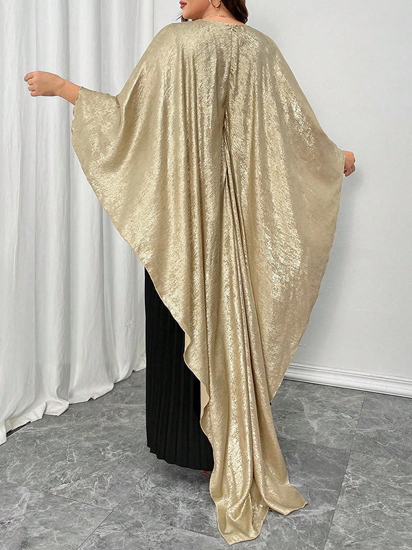 Contrast Color Pleated Shiny Split-Joint High-Low Loose Round-Neck Maxi Dresses