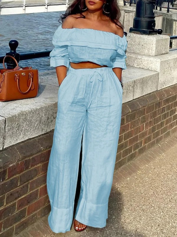 Elasticity Solid Color Split-Joint Half Sleeves Loose Off-The-Shoulder Blouses&Shirts Tops