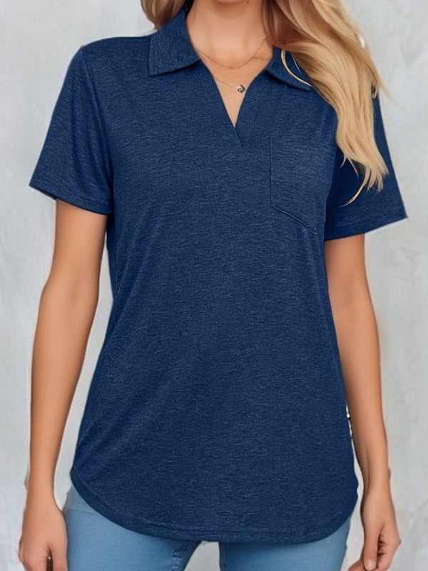 Pockets Solid Color Loose Short Sleeves Lapel T-Shirts Tops