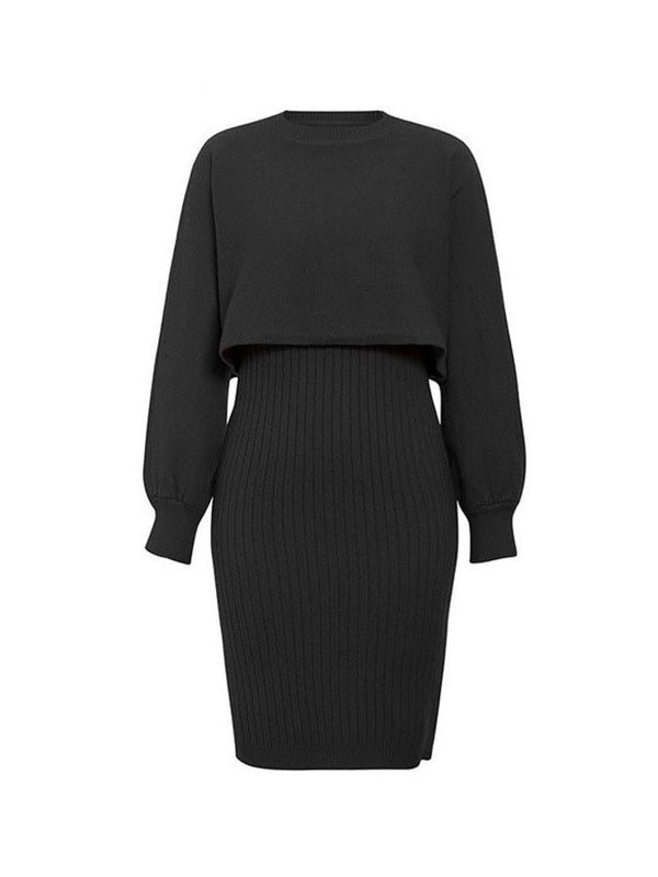 Round-Neck Long Sleeves Solid Color Sweater Top + Inner Dress Two Pieces Set