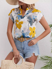 Comfort Contrast Color Flower Print Loose Short Sleeves V-Neck Blouses&Shirts Tops
